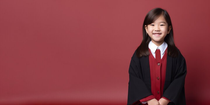 a smiling asian's girl child dressed as prosecutor's soft solid dark red black background generative ai