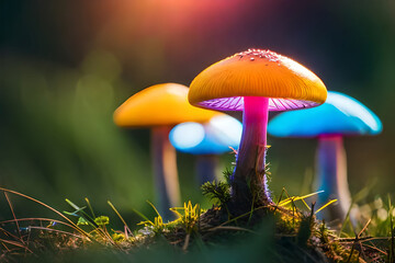Bright, vibrant, colorful, bioluminescent mushrooms in a magical, fantasy forest setting.  Generative AI.