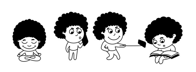 A curly-haired cute boy with big hair is meditating, talking on the phone, taking a selfie and reading a book. A set of actions of one character.