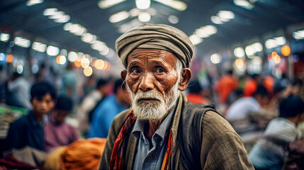 Obraz premium Wisdom Worn with Pride: Close-Up Portrait of an Elderly Wrinkled Traveler in Hat and Jacket amidst a Bustling Market