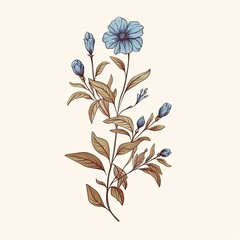 Illustration of a hand drawn blue flower on white background created using generative AI tools