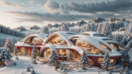 Landscape of a sci-fi futuristic architecture style village in a winter wonderland, surrounded by lush pine vegetation and mountainous terrain, at dusk  - Generative AI Illustration