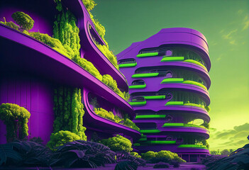 Generative AI. violet futuristic building with green gardens on balconies. future architecture. cityscape creative concept 