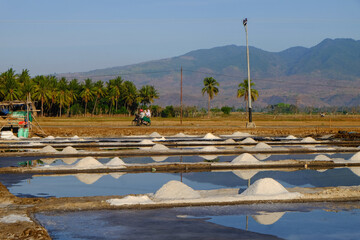 The process of crystallization of sea water into salt in the traditional way in Indonesia.