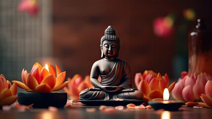 Small buddha statue in meditation post surounded with candles and flowers - created using generative AI tools - obrazy, fototapety, plakaty