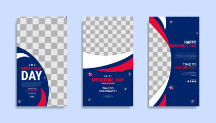 Memorial day Social media stories template design with the national flag of the United States of America