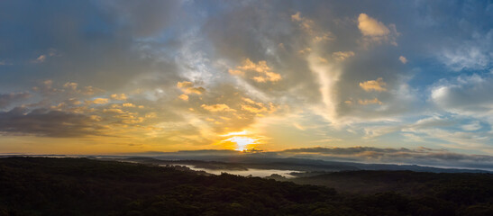 misty valley sunrise panorama
