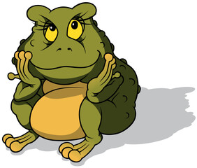 Green Frog with a Yellow Belly Sitting on the Ground with Pensive Expression