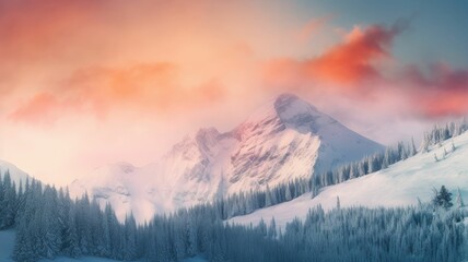 sunrise in the snowy mountains. Generative AI