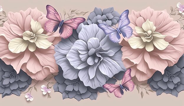 Big blue butterflies, hydrangea flowers bouquets in delicate pastel rose pink, beige, purple colors. Tropical hd wallpaper, luxury mural, premium texture. Watercolor 3d illustration, Generative AI