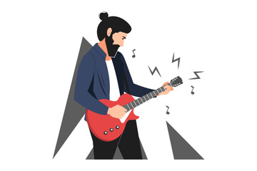 Guitarist standing and playing melody. Musician playing guitar. Man with electric guitar