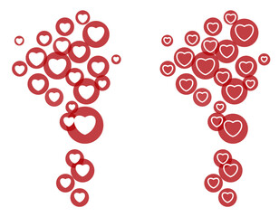 Social media likes in the form of red circles with hearts inside.