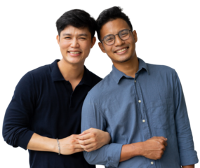 close up adult gay men lover arm in arm and smile with happiness feeling together isolated on transparent background for LGBTQIA lifestyle and married equality campaign concept
