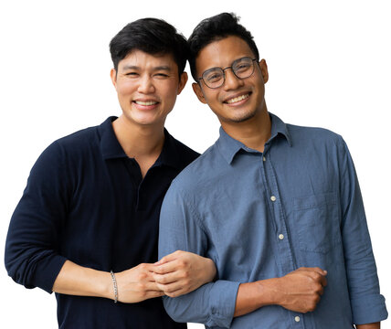 Close Up Adult Gay Men Lover Arm In Arm And Smile With Happiness Feeling Together Isolated On Transparent Background For LGBTQIA Lifestyle And Married Equality Campaign Concept