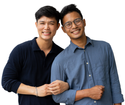 close up adult gay men lover arm in arm and smile with happiness feeling together isolated on transparent background for LGBTQIA lifestyle and married equality campaign concept