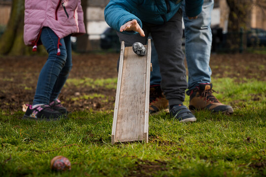 Easter game, egg rolling 09 04 2023, Scotland, Cupar town, Haugh Park. This is a traditional egg rolling game at Easter time in Lithuania. 
