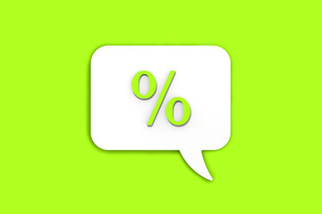 Light green percent sign on white message board. Interest withdrawal signal. Discount notifications. Message on a Light green background. Horizontal image. 3D image. 3D rendering.