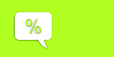 Light green percent sign on white message board. Interest withdrawal signal. Discount notifications. Message on a Light green background. Horizontal image. 3D image. 3D rendering.