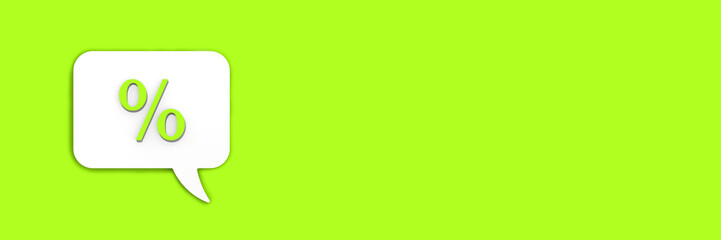Light green percent sign on white message board. Interest withdrawal signal. Discount notifications. Message on a Light green background. Horizontal image. 3D image. 3D rendering.