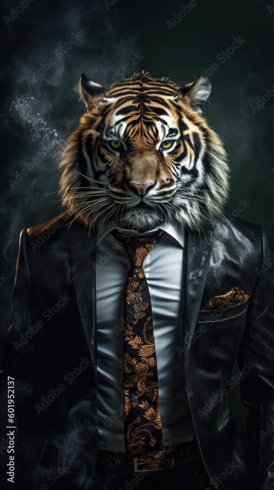 Wall mural fierce tiger in suit and tie - studio portrait created using generative ai tools
