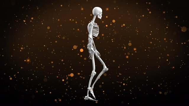 Animation of human skeleton model walking and and yellow spots against brown textured background
