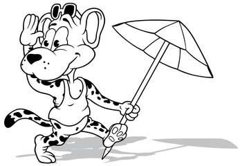 Drawing of a Cheerful Leopard with a Parasol in its Paw