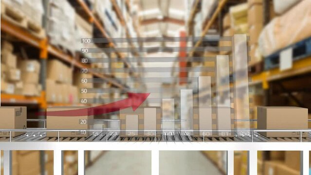 Animation of statistical data processing and delivery boxes on conveyer belt against warehouse