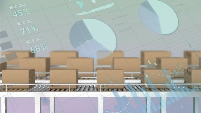 Animation of statistical data processing and delivery boxes on conveyer belt on gradient background