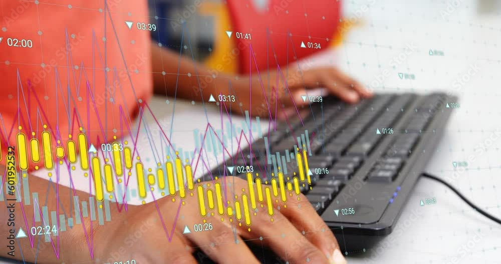 Poster animation of data processing against mid section of a boy using computer at school