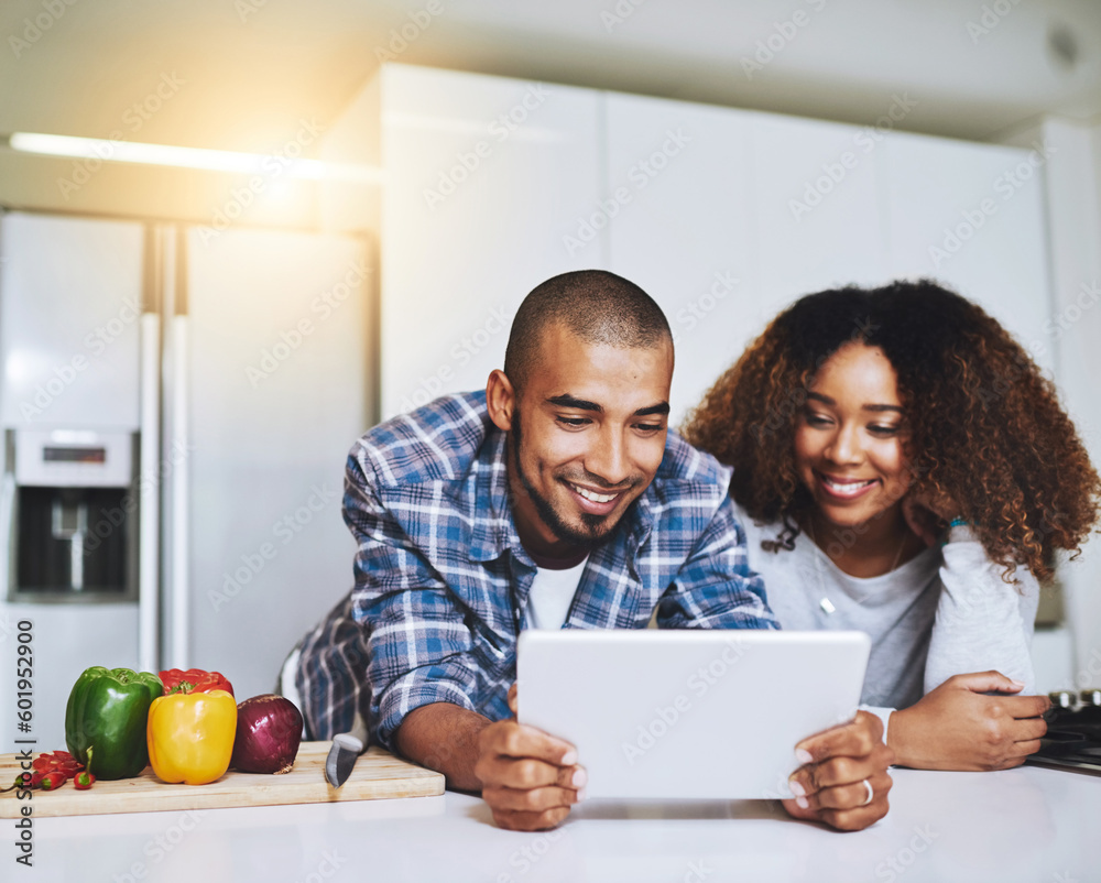 Poster Couple, tablet and cooking food in kitchen at home with blog, internet website and online connection. Happy African man, woman and digital recipe for reading instruction of healthy vegetarian meal