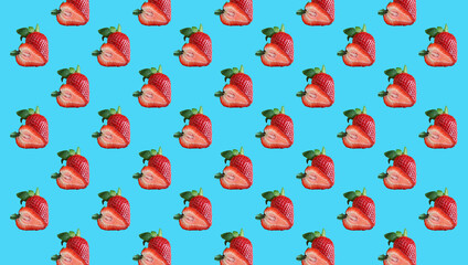Seamless Pattern of Fresh Strawberry Whole Fruit and Cross Section Created Heart Shape on Sky Blue...