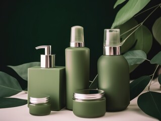 co friendly cosmetics decorated with green leaves, organic facial skincare, makeup and skin care cosmetic items. Green nature in the backgroeund