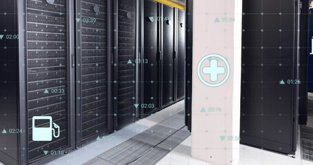 Animation of digital icons and data processing over grid network against computer server room - Powered by Adobe