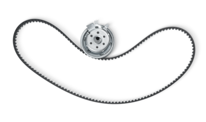 New timing belt with tensioner pulley, isolated on a transparent background png. top view. 