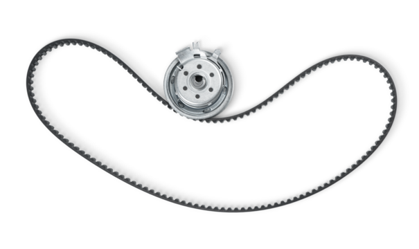 New timing belt with tensioner pulley, isolated on a transparent background png. top view. 