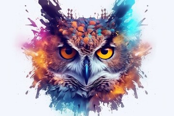 Abstract animal Owl portrait with colorful double exposure paint , Generative AI