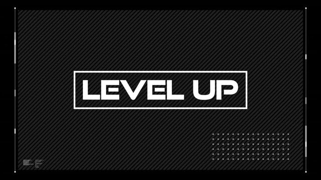 Animation of glitch effect over interface with level up text banner against black background