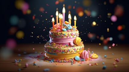 Birthday cake with candles, bright lights. Created by generative Ai