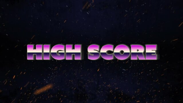 Animation of high score text banner against brown particles flying on black background