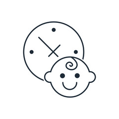 Moving clock hands and a child's face. Kids time. Vector linear icon isolated on white background.