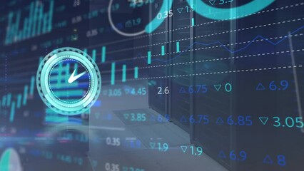 Animation of neon ticking clock, statistical and stock market data processing against server room - Powered by Adobe