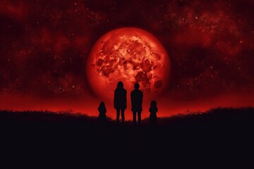 Captivating sight of a big red moon, casting an otherworldly glow upon the landscape. A celestial marvel that evokes a sense of wonder and mystery. Generative AI.