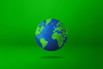 World globe covered with grass and water isolated on green background. Environmental protection symbol