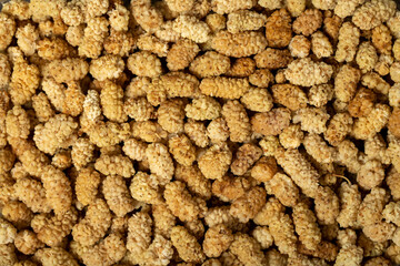 Dried mulberry. Dried white mulberry fruits closeup food background. Top view. texture. copy space banner