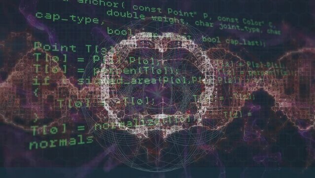 Animation of data processing over spinning human brain icon and purple digital waves