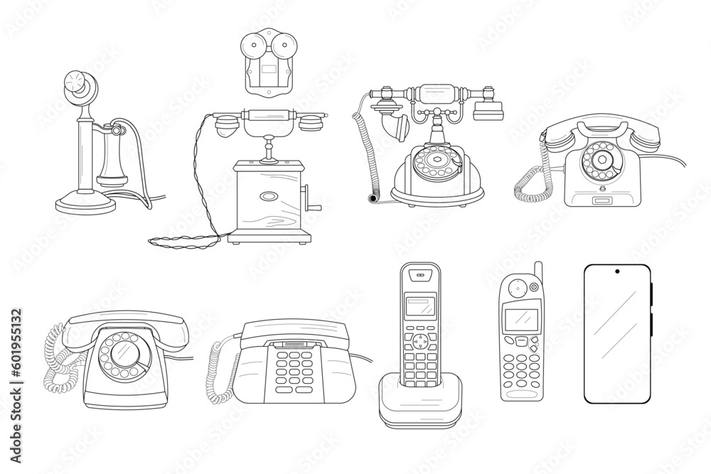 Wall mural phones. the evolution of telephones, set. black and white vector graphics.