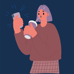 Woman Sitting In Street Cafe, Sipping On A Cup Of Coffee, With A Smile On Her Face and Smartphone in Hand