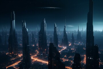 Fototapeta na wymiar A futuristic city on a distant planet, illuminated in darkness with galactic flair. Generative AI