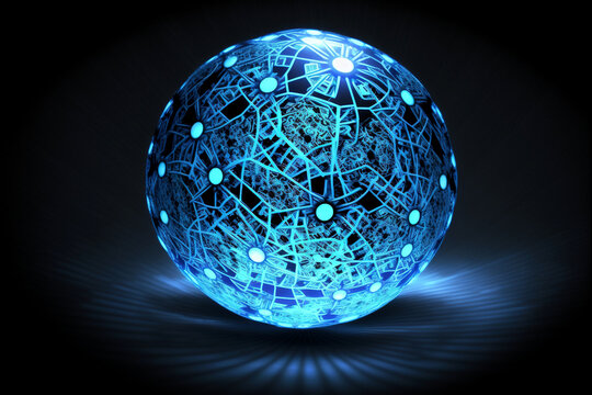 A glowing transparent sphere having interconnections inside on a dark background