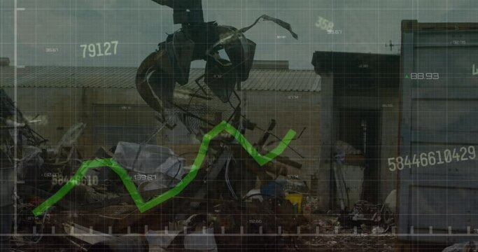 Animation of statistical data processing against hydraulic lifting machine operating at junkyard